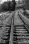 Vertical shot of tracks of a disused railway line in grayscale