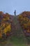 Vertical shot of a trail with trees in autumn foliage leading to a building in distance