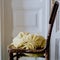 Vertical shot of washed yellow bed linen on an old wooden chair with white door in the background