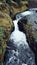 Vertical shot of a waterfall in the middle of the forest with fir trees. Stream flow