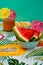 Vertical shot of watermelon wedges and carrot juice, with tiny umbrellas on a colorful tablecloth