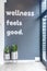 Vertical shot of wellness feels good written on the grey wall with two pots with plants below