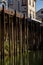 Vertical shot of wooden pillars holding a bridge over the river.