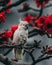 Vertical shot of a yellow-crested cockatoo perched on a tree branch with red flowers