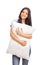 Vertical shot of a young woman hugging a pillow