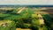 Vertical stripes of agricultural parcels of different crops. Aerial view shoot from drone directly above field