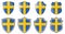 Vertical Swedish flag in shield shape, four 3d and simple versions. Sweden icon / sign