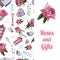 Vertical temlate with seamless pattern of rose flowes and leaves, candy, other different gifts and sticker.