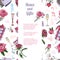 Vertical template with seamless pattern of rose flowers and leaves, candy, other different gifts and two stickers.