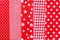 Vertical textural background of five types of red and white cotton fabric with different prints: checkered, striped, circle, star
