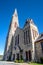 Vertical three quarter view of the First Presbyterian Church. Erected in 1871, it features a