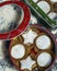 Vertical top view of Christmas metal boxes with cookies inside them