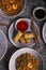 Vertical top view of a variety of Chinese food dishes