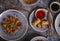 Vertical top view of a variety of Chinese food dishes