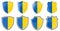 Vertical Ukraine flag in shield shape, four 3d and simple versions. Ukrainian icon / sign