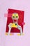 Vertical unusual photo collage poster of mannequin wear funny glasses red lips hold iphone smartphone filming photograph