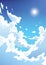 Vertical vector blue sky with clouds. Anime style.