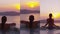 Vertical Video of Woman In Swimming Pool Spa Enjoying Sunset Over Sea Santorini