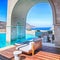 Vertical view of arch pool terrace on summer resort Greece