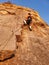 VERTICAL: View from the base of towering rocky wall as female tourist climbs it.