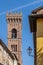Vertical view of the bell tower of the church of Sant`Andrea in the historic center of Montecarlo, Lucca, Italy