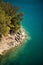 Vertical view with blue turquoise water, mountains and cliffs around of lake of Sainte-Croix, Gorges du Verdon, Verdon Gorge