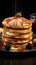 Vertical view captures delectable breakfast croissant, stacked pancakes, cookies on dark table