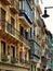 Vertical view of classic balconies in Pamplona, Spain