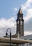 Vertical view of the clock tower of New Jersey Transit`s historic Hoboken Terminal