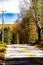 Vertical view of an empty stretch of asphalt winding through a rural landscape during falltime