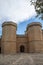 Vertical view of the entrance towers to the Poblet Monastery, Tarragona, Spain,