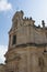 Vertical View of the Facade of the Exterior of the Church of Purgatory on Blue Sky Background