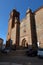 Vertical view. Facade and main entrance of the Divino Salvador church in the Andalusian magical town of Cortegana, Huelva, Spain