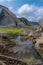 Vertical view of the Flysch rock formations and cliffs with tidal pools on the Basque Country coast near Zumaia