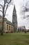 A vertical view of the historic First Presbyterian Church in Goshen. The church was built in