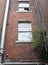 Vertical view of an old run down abandoned tall brick building with broken windows and weeds growing out of the wall