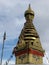 Vertical view of a stupa with the eyes of the Buddha in the Swayambhunath Temple, the monkey temple. Kathmandu, Nepal