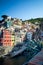 Vertical View of the Town of Riomaggiore on Blue Sky Background