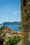 Vertical View of the Town of Vernazza on blue Sea and the Coastline of the Liguria Background.