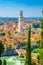 Vertical view of Verona historical city centre, Ponte Pietra bridge across Adige river, tower of Verona Cathedral