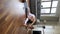 Vertical view young woman sit on mat doing yoga asanas