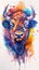 Vertical watercolor detailed portrait of bison head