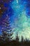 Vertical Watercolor painting acrylic oil on canvas - Christmas tree at night against background of night starry sky of milky way o