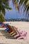 Vertically shot row of colored beach chairs