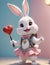 A very adorable anthropomorphic rabbit holding a toy, smiling.