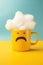 very angry yellow coffee mug in the clouds is swearing and cursing.