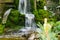 Very beautiful artificial waterfalls with living water and growing moss. Water flows from above, splashes and drops around