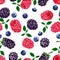 Very berry, blackberry, raspberries, blueberry, white background. Seamless pattern, vector.