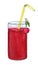 Very berry juicy drink.  Bright red cherry juice in a high glass tumbler with a straw.