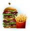 Very big cartoon style burger with fresh french fries in red box